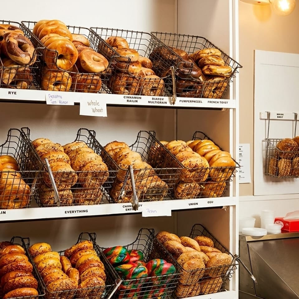 A display of various bagels in wire baskets on white shelves, with labels for each flavor.