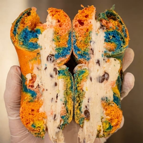 A gloved hand holds a colorful, tie-dye bagel, sliced open to reveal cookie dough cream cheese.