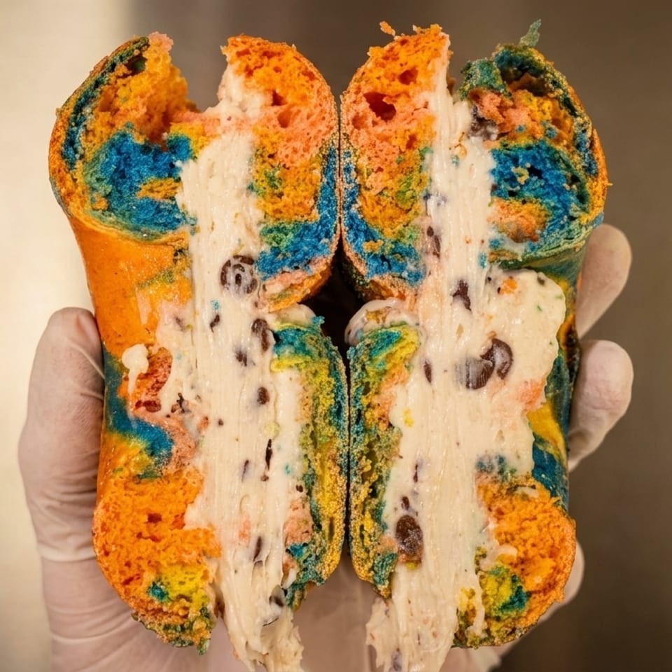A gloved hand holds a colorful, tie-dye bagel, sliced open to reveal cookie dough cream cheese.